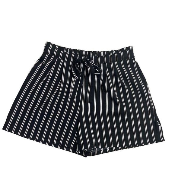 DR2 Black & White Striped Elastic Tie Waistband Shorts With Front Side Pockets S - Picture 1 of 11